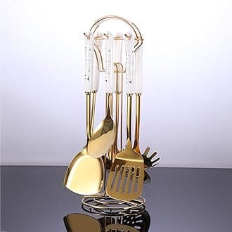 7 Pieces Gold Cooking Utensil Set with Hanging Shelf Kitchenware Cookware Set Stainless Steel 304 Nonstick Heat Resistant Ceramic Handle BPA Free Dishwasher Safe, White