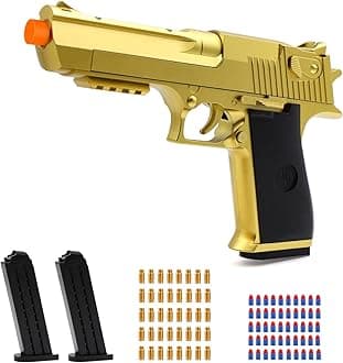 Gold Soft Bullet Toy Gun Shell Ejecting for Boys, Shooting Game Toy Pistol with 50 Foam Bullets, 40 Shells & 2 Clips, Ideal Christmas Birthday Gift for Boys Adults