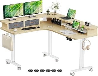 Flycity Electric L Shaped Standing Desk with Drawers, 63" x 55" Corner Standing Desk Adjustable Height, Stand Up Home Office Desk, Dual Motor Sit Stand Desk with 3 Memory Preset & Lock, Maple