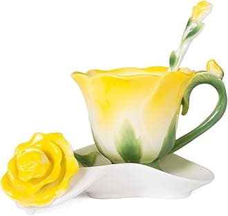 YBK Tech Creative 3D Rose Bone China Ceramic Coffee Mugs Afternoon Tea Cup and Saucer Set (Yellow)