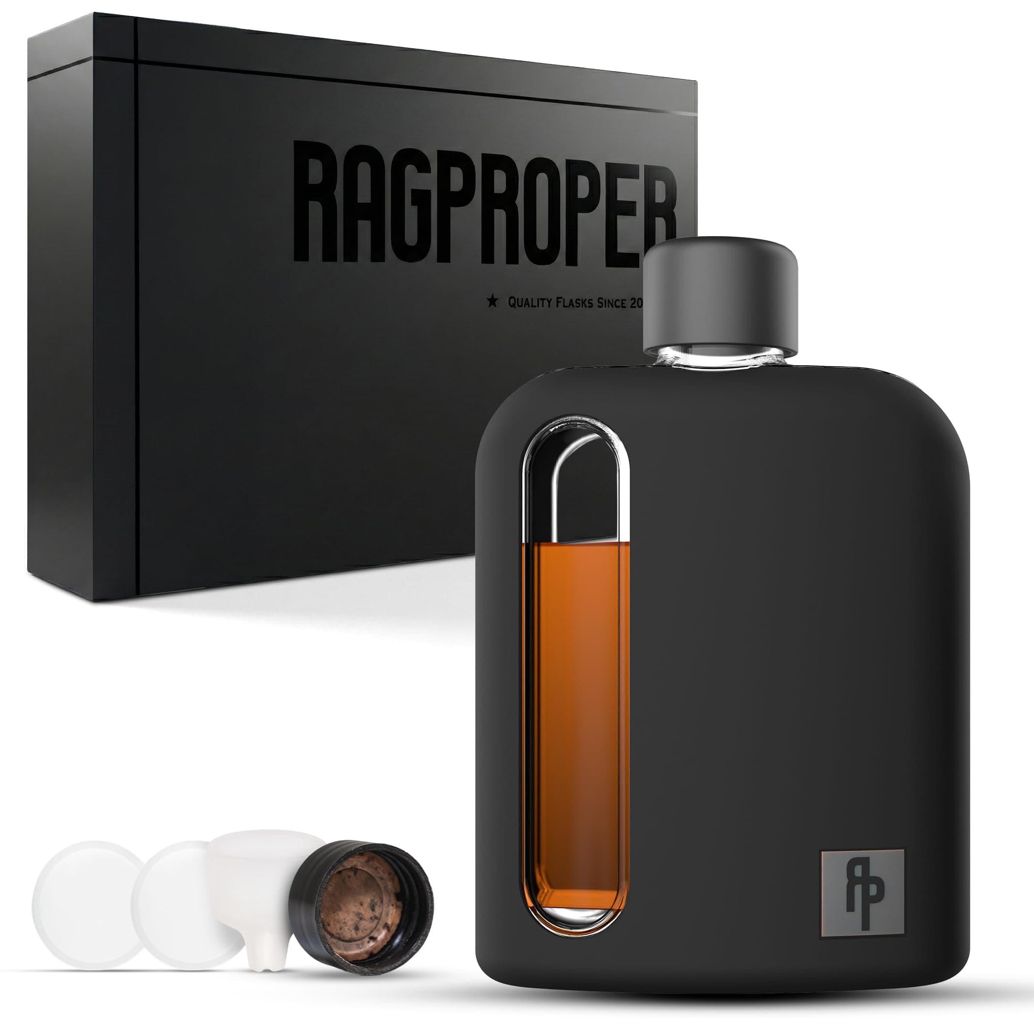 Ragproper Glass Hip Flask for Men – Modern Whiskey & Liquor Flask with Cork & Silicone Lid Liners, Durable Silicone Covered Double Shot Flask Bottle (8oz, 240ml, Black)