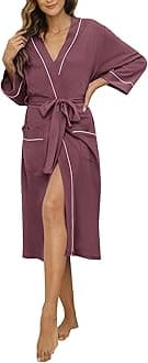 HEARTNICE Womens Cotton Robe, Soft Kimono Spa Knit Long Bathrobe Lightweight Loungewear