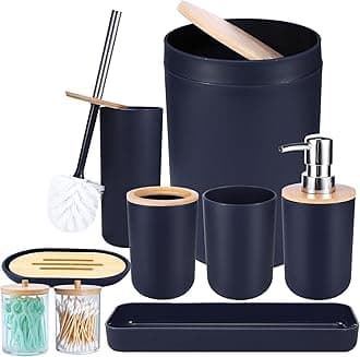 iMucci Bathroom Accessories Set Navy Blue Bathroom Decor Sets with Trash Can,Toilet Brush,Toothbrush Holder, Lotion Soap Dispenser, Soap Dish,Toothbrush Cup,Vanity Tray,Qtip Holder