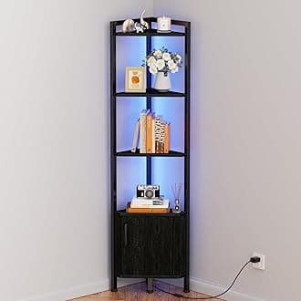 Furnulem Corner Shelf,5-Tier Corner Cabinet with Storage and LED Light, 62.8” Standing Display Bookshelf for Bedroom, Living Room, Kitchen, Wood Display Shelf (Black Oak)