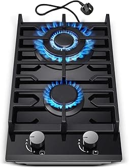 Gas Hob 2 burners, 30cm Built in 2 Burners Gas on Glass Hob, NG/LPG Convertible, Flame Out Protection, Cast Iron Supports, 5200W