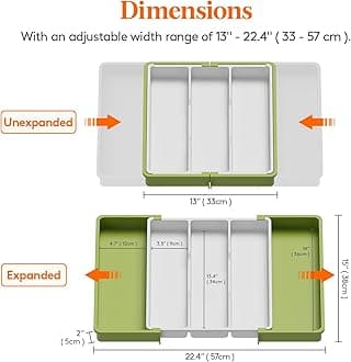 Lifewit Utensil Drawer Organiser, Extendable Cutlery Tray for Kitchen, Adjustable Silverware Flatware Holder, Plastic Kitchen Spatula Tools and Gadgets Storage Divider, Large, Green&White