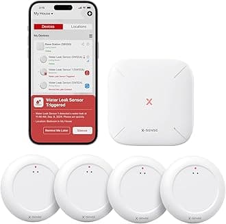 X-Sense Wi-Fi Water Leak Detector Kit, Smart Water Sensor Alarm with App Alerts and Ultra-Slim Design, Water Alarm Leak Detector for Basements, 4 Water Sensors and 1 Base Station, Model SWS0A41