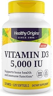 Healthy Origins Vitamin D3 5,000 IU (Non-GMO, High Potency, Bone Support, Immune Support, Gluten Free), 120 Softgels