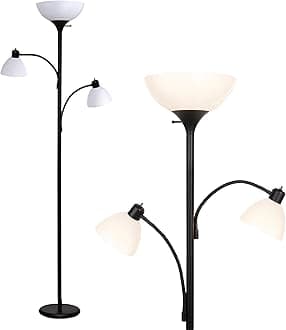 Brightech Sky Dome Double LED Floor Lamp, Torchiere Super Bright Floor Lamp with 2 Reading Lamps for Living Rooms & Offices - Dimmable Tall Standing Lamp for Bedroom Reading - Tall Black Pole