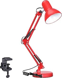 TORCHSTAR Metal Desk Lamp with Clamp, Swing Arm, Architect Adjustable Gooseneck Table Lamp, Clip Desk Lights for Home Office, Work, Study, Reading, E26 Base, Multi-Joint, Red