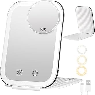 FUNTOUCH Rechargeable Travel Makeup Mirror with Lights and Small 10X Magnification,Light up Portable Vanity Mirror with 80 Leds,2000mAh Battery,Brightness Adjustable,3 Lighting, Dimming Compact Mirror