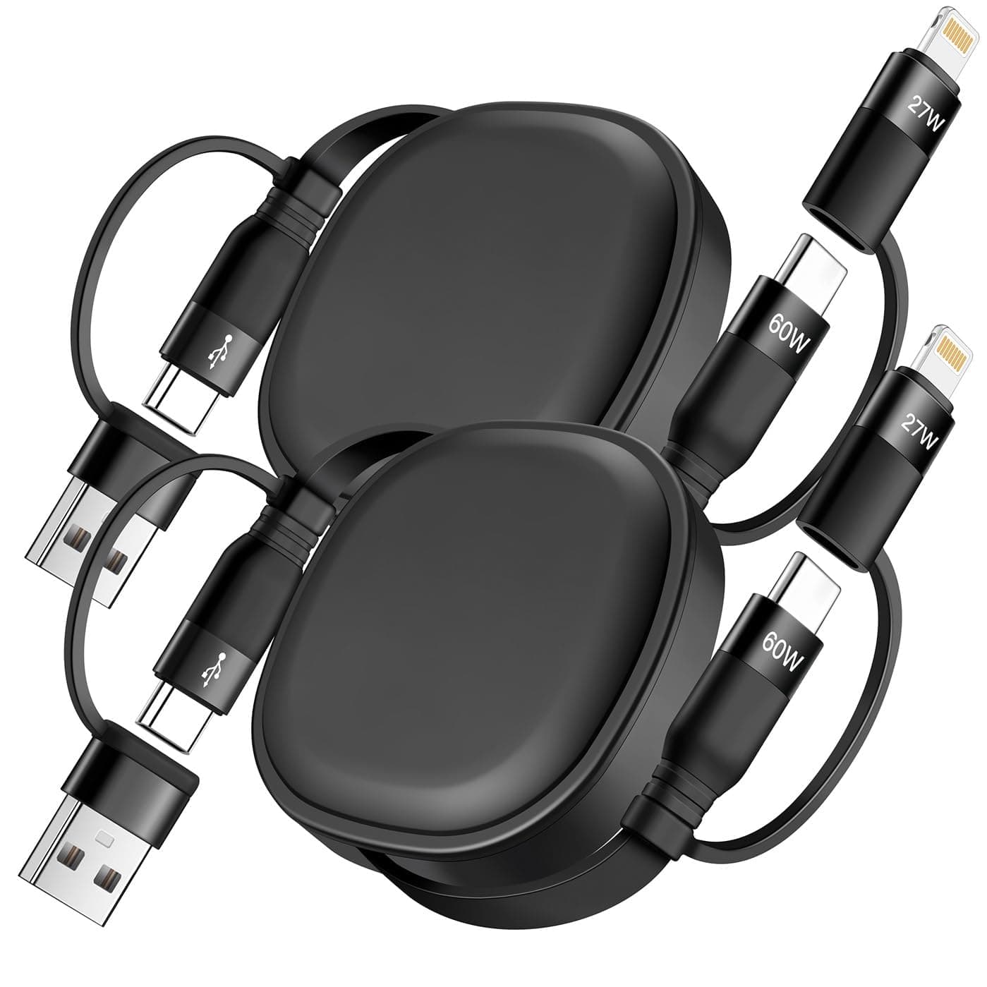 Multi Charging Cable, 2Pack 5 in 1 Retractable Lightning Chrger Cable 60W Fast Charging & Data Sync, Retractable Charging Cord Multi Car Charger for iPhone 16/15/14/13 iPads Samsung S24 S23 Tablets