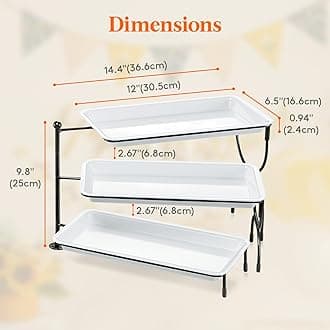 Lifewit 3 Tier Serving Tray, 12" x 6.5" White Plastic Tiered Food Serving Platters, Rotatable Tiered Tray Stand for Party with Black Collapsible Metal Stand, Dessert Table Stands for Cookies, Crackers