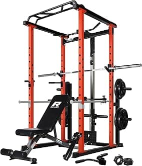 RitFit Squat Rack Power Cage Home Gym Package, Includes 1000LBS Power Rack with LAT Pull Down, Weight Bench, Rubber/Bumper Plates Set with Olympic Barbell (Package 1.5K (Rubber Plate 230LBS))-Orange