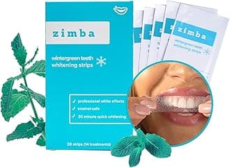 Zimba Teeth Whitening Strips Vegan Whitening Strip Enamel Safe Teeth Whitening Hydrogen Peroxide Teeth Whitener for Coffee, Wine, Tobacco, and Other Stains, 28 Strips (14 Day Treatment), Wintergreen