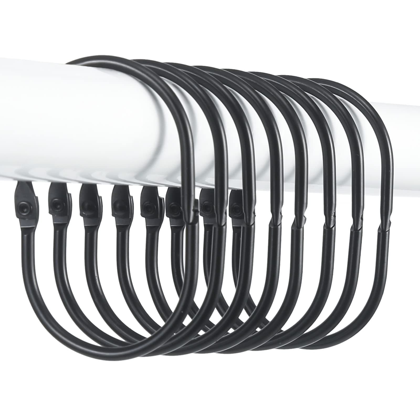 Goowin Shower Curtain Hooks, 12 Pcs Shower Curtain Rings Rust Proof Metal Oval Rings Clasp Closed Shower Curtain Rings for Bathroom Shower Rods Curtains（Black）