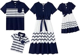 Family Matching Outfits Mommy and Me Dress Casual Floral Printed Belted Ruffle Dresses and Short Sleeve T-Shirts
