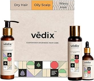 Vedix Customized Hair Fall Control & Dandruff Care Regimen Wavy Hair - Oily Scalp - 3 Product Kit - Anti Hair Fall Oil Neem + Lotus - Anti-Hairfall Shampoo For Dry Hair- Nuyantra Pro Hair Growth Serum