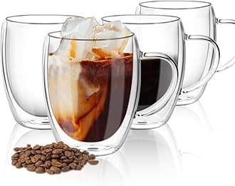 Top-spring 4 Pack Double Walled Glass Coffee Cups, Insulated Latte Glasses Mugs, Mug Tea Cups with Handles, Heat Resistant, Cappuccino Espresso Cup (Clear-4x350ml)