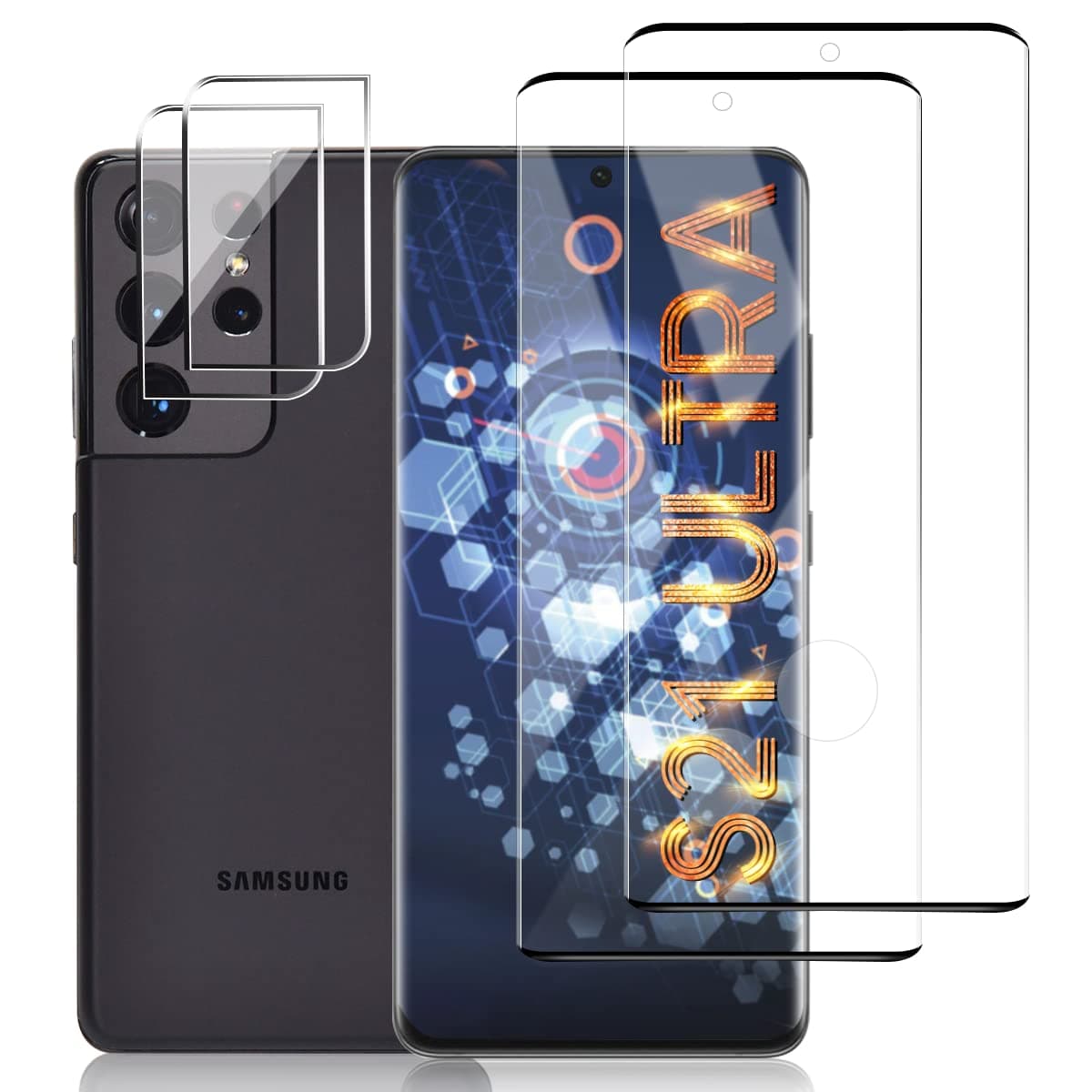 [2+2 Pack] Galaxy S21 Ultra Screen Camera Protector, 9H Tempered Glass Scratch Resistant, Ultrasonic Fingerprint Support, 3D HD Curved, For Samsung Galaxy S21 Ultra 5G 6.8 Inch Glass Screen Protector