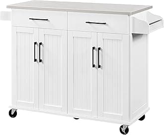 Yaheetech Kitchen Island Cart with Stainless Steel Countertop, 50.5" Width Kitchen Island on Wheels with Storage Cabinet & Inner Adjustable Shelves & 2 Drawers, Island Table with Spice Rack, White