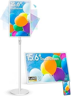 15.6" Digital Signage with 10000mAh Battery, Capacitive Touchscreen Advertising Display, Adjustable Stand, Android 11 Commercial LCD Monitor with Auto Play, Wireless Screen Mirroring, 2+32GB, White