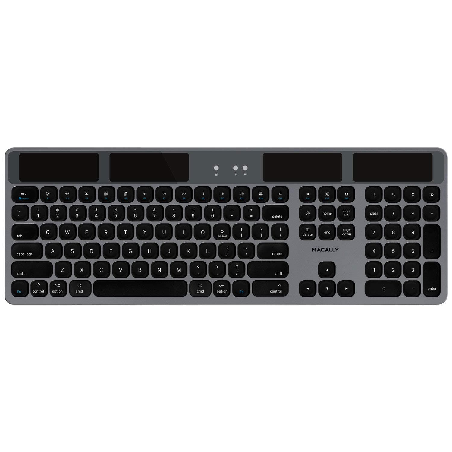 Macally Bluetooth Wireless Solar Keyboard for Mac Mini/Pro, iMac Desktop Computers & Apple MacBook Pro/Air Laptops | Rechargeable Via Any Light Source | Caps Lock/Battery Indicators - Space Gray