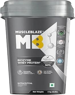 MuscleBlaze Biozyme Whey Protein Powder, Blend of Whey Isolate & Concentrate | 25g Protein, 11.8g EAA & 5.5g BCAA Per Scoop (Rich Milk Chocolate 4kg / 8.8lbs)