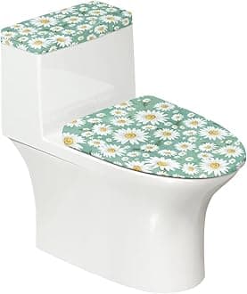 Daisy Green Toilet Lid Cover & Toilet Tank Lid Pads Bathroom Stretch Washable Toilet Lid Seat Protector Cover with Elastic Bottom