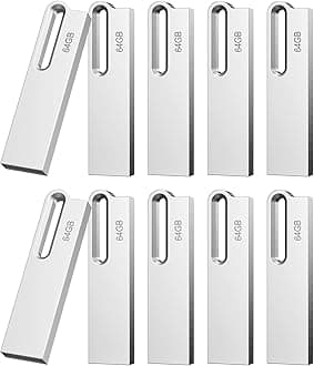 Aiibe64GB Flash Drive 10 Pack Metal USB Drive Thumb Drive 64GB USB 2.0 Memory Stick Waterproof 64GB USB Flash Drive Bulk Portable Jump Drive Zip Drives with Keychain (64GB, Colors: Silver)