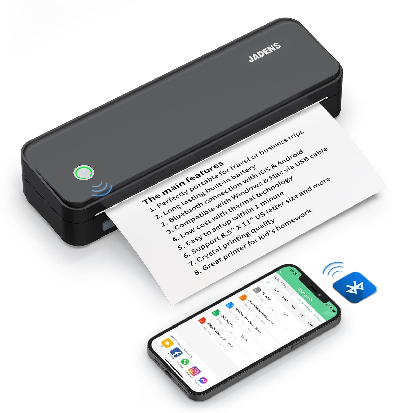 JADENS Bluetooth Thermal Printer, Support 210x297mm A4 Size, Portable Printer, Inkless Printer Compatible with iOS, Android, Mobile Printer for Home, Office, School