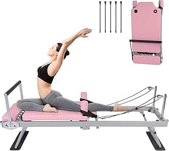 Pilates Reformer Machine Equipment Pink ,Foldable Home Reformer Pilates with Resistance Cords for Workout,Paeta Pilates Reformer