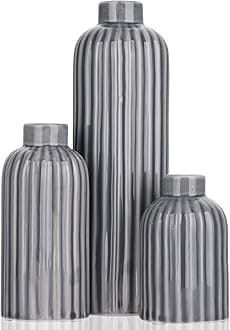 QIANLING Gray Ribbed Ceramic Vase Set, 3 Piece Set of Glazed Decorative Gray Vases, Modern Farmhouse Decor, Oblong Shape, Perfect for Tabletop, Shelf, Mantel, Dining Room, Bathroom Decor