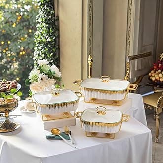 3 Piece Set Chafing Dish Buffet Set, Ceramics Chafer with Imitation Marble Finish, Chafer and Buffet Warmer Set for Buffet Weddings,Parties, Banquets,Catering Events,Golden