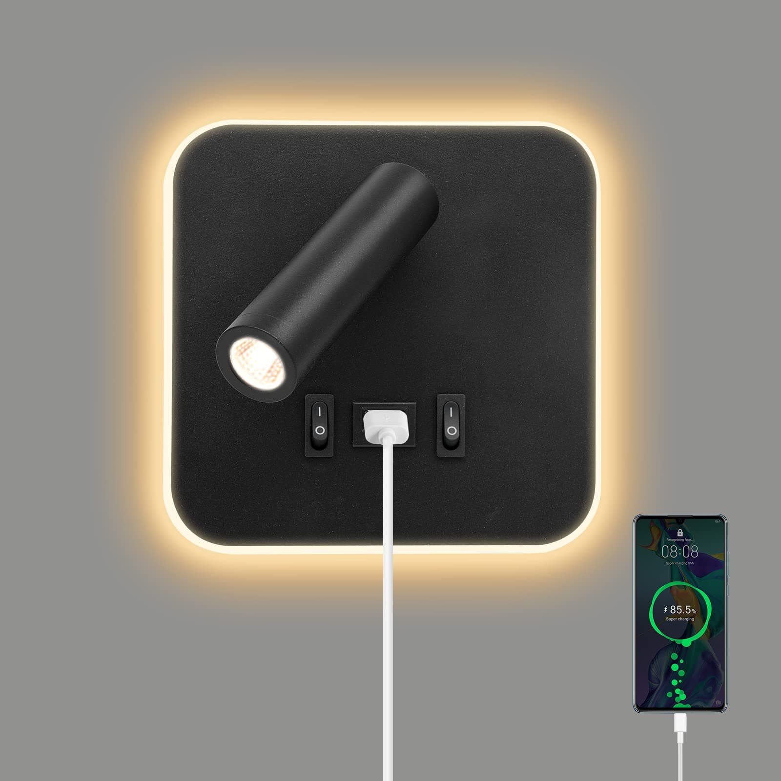 LED Bedside Wall Light, Wall Mounted Reading Spot Lights with Switch and USB Port, Rotatable Wall Sconce Spotlight for Bedroom, Hallway, Stairs, Hotel, Adjustable 3000K Lighting, 3W+9W LED