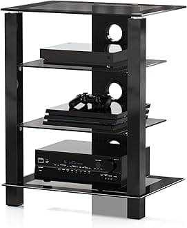 4-Tier AV Media Cabinet Stand Component Cabinet, Gaming TV Stand and Stereo Rack Audio Tower with Height Adjustable Tempered Glass Shelves, AS406003GB