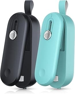 FEPPO 2 Pack Bag Sealer, Mini Bag Sealer 2 in 1 Handheld Chip Bag Sealer Heat Seal and Cutter with Lanyard, Portable Resealer for Snacks Plastic Bag Food Storage, Black/Green (Batteries Included)