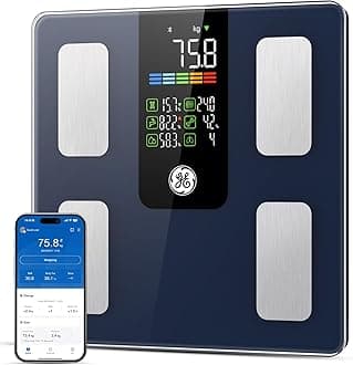 GE Smart Scales for Body Weight, Body Fat, BMI, Muscle Mass Digital Bathroom Scales 7-in-1 Large Display 225kg / 500lbs Bluetooth Weight Machine Health Analyzer with App Dark Blue