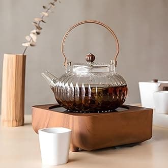 Glass Teapot with Infuser, Stovetop & Microwave Safe Glass Borosilicate Glass Kettle with Wooden Handle for Loose Leaf and Fruit Tea Kettle (Clear - 1 Liter) (Royal Wooden hendel Kettle)