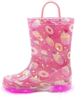 EUXTERPAKids Toddler Light Up Rain Boots Boys Girls Waterproof Patterns and Glitter Boots with Easy On Handles