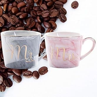 BlissHomes Anniversary Gift for Couple Combo Gift Pack of 2 Ceramic Mr and Mrs Marble Coffee Mug Tea Cup Set 350ml