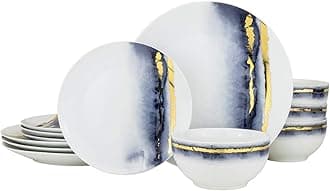Euro Porcelain 12-Piece Marble Dinner Plates Set - 24K Gold Vintage Dining Service for 4 (Blue)