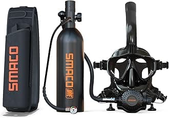 SMACO Mini Scuba Tank with Snorkel Mask 1L Portable Small Diving Tank with Sub Mask Reusable Pony Bottle with Full Face Diving Mask Diving Cylinder Kit for Snorkeling Recreational Diving S400Pro