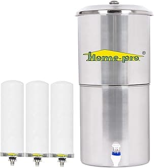 Home-Pro - Gravity Water Filter and Purifier | 24 Liters Total Capacity (12L Bottom & 12L Top) Made with Stainless Steel | Includes 3 Creamic Long Candle and Food Grade Plastic Tape