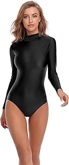 Women Turtleneck Long Sleeve Bodysuit, Adult Stretchy Leotards Tops with Zipper Closure Soft Jumpsuit for Gymnastics, Black, Large