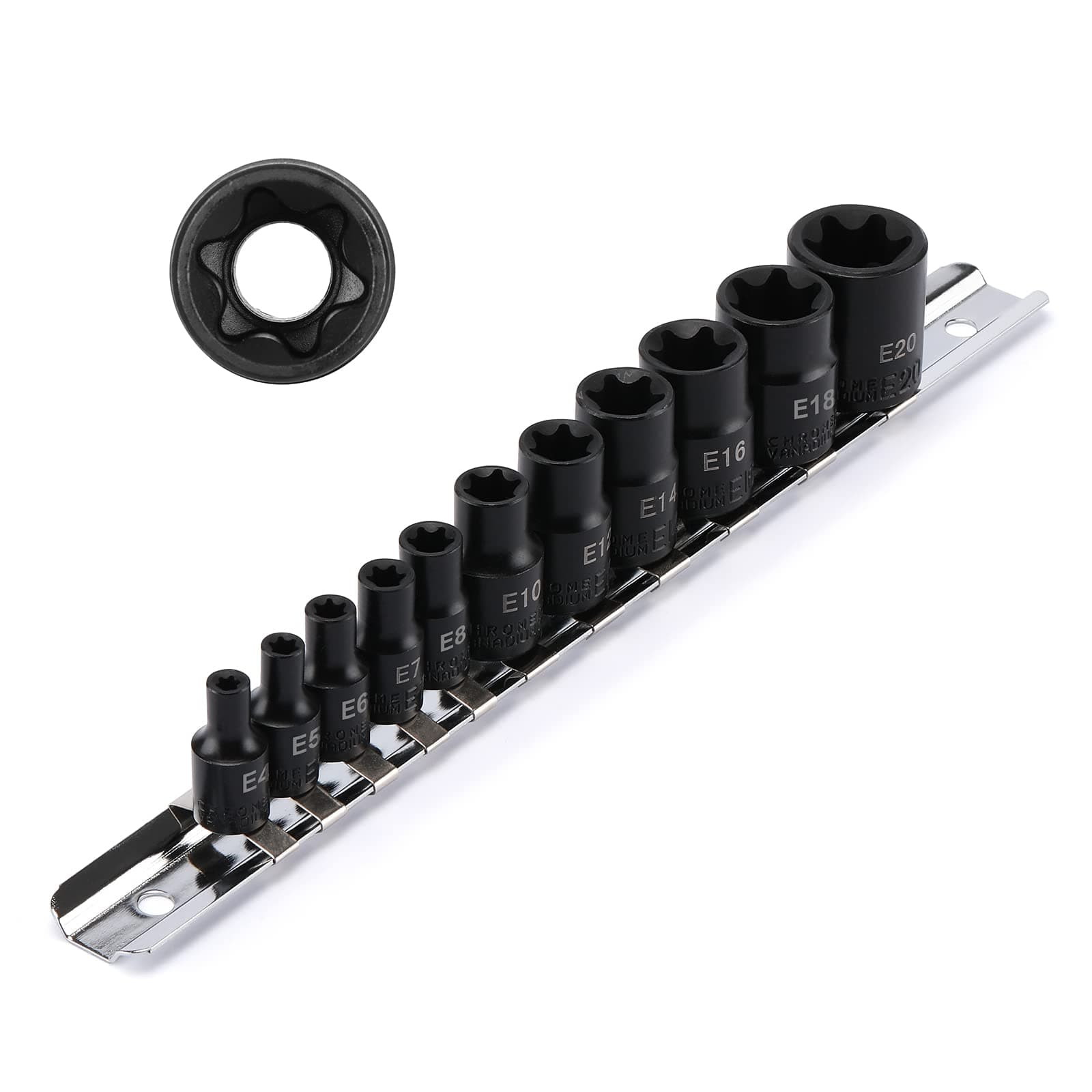 EMENTOL 11PCS E-Torx Socket Set with Rail, CR-V, 1/4" and 3/8" Drive, Female External Torx Star Socket Set, E4 - E20
