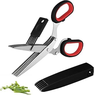 Joyoldelf Gourmet Herb Scissors Set - Master Culinary Multipurpose Cutting Shears with Stainless Steel 5 Blades, Safety Cover and Cleaning Comb for Cutting Cilantro Onion Salad