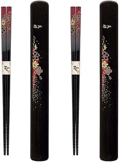JapanBargain 3687x2, Travel Chopsticks with Case Reusable Chinese Korean Japanese Bamboo Portable Chop Sticks Utensil Dishwasher Safe Made in Japan, Yuzen Red, Pack of 2