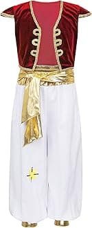 Kids Boys Arabian Prince Costume Street Rat Suit Cap Vest with Harem Pants Halloween Cosplay Costumes Red 8-10 Years