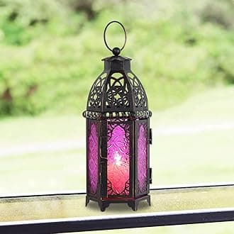DECORKEY Halloween Lanterns Decorations Indoor & Outdoor, 11’’ Medium Size Vintage Metal Hanging&Tabletop Candle Holder Decor, Christmas Ramadan Decorations for Home Porch Patio (Purple)